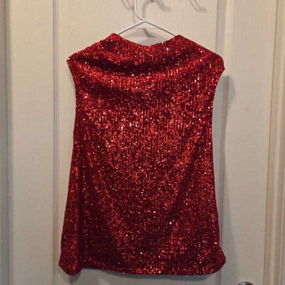 Cable & Gauge Red Sequin Mock Neck Shell Top - Sparkle & Stretch - Size Large - Picture 2 of 8